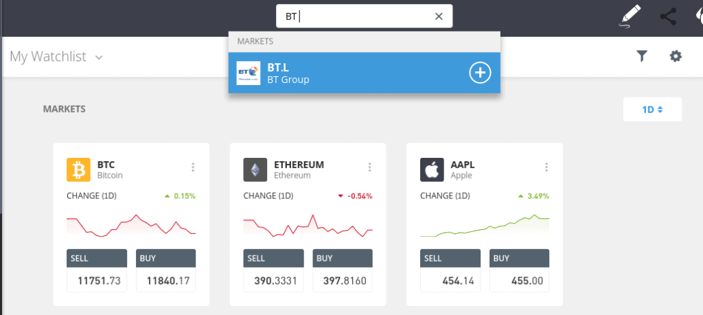 Search for BT shares on eToro