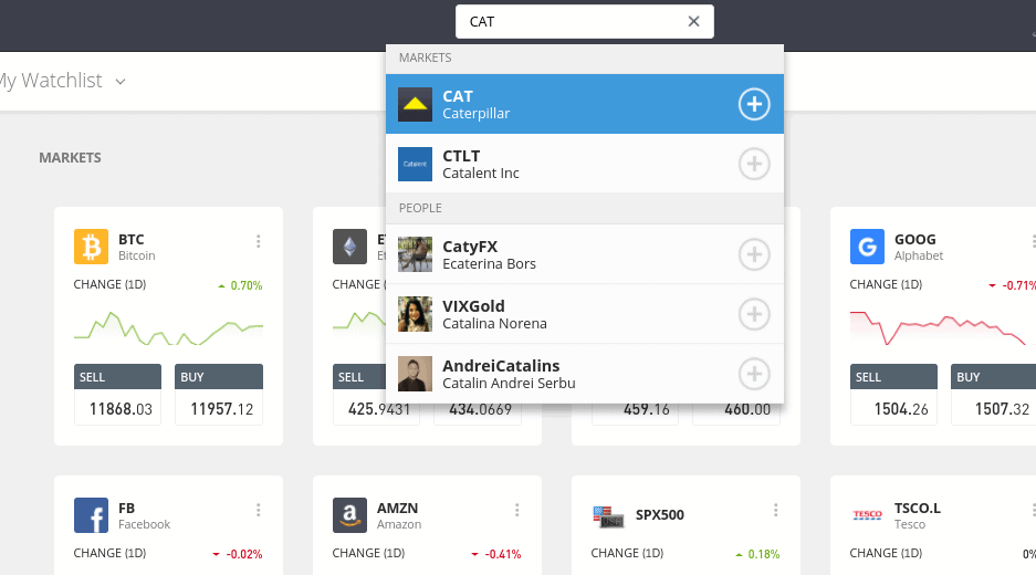 Search for CAT shares on eToro