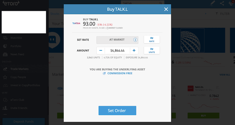 Buy TalkTalk eToro order form