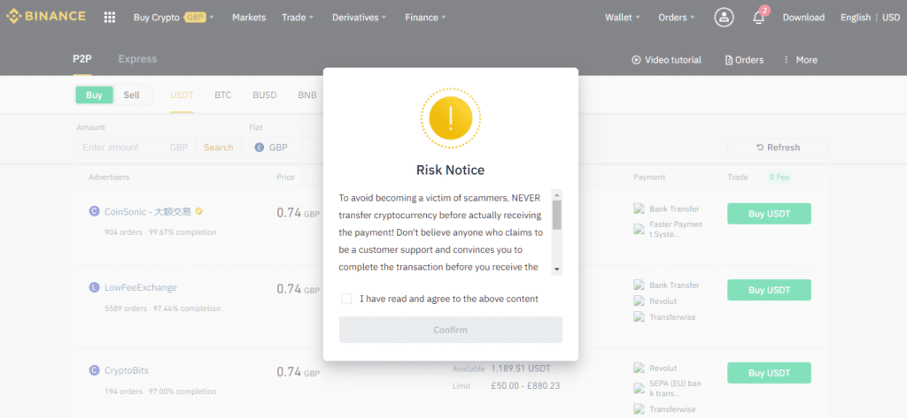 Binance P2P risk notice