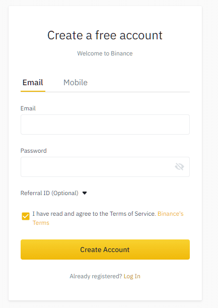 Binance application page