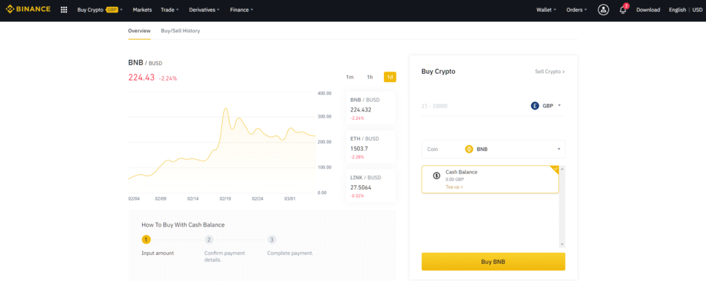 Binance buy crypto screen using GBP cash balance