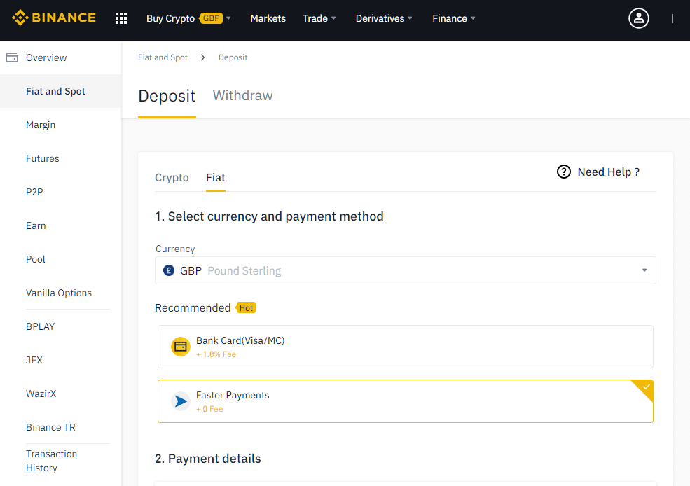 Binance deposit GBP screen