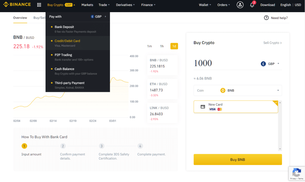 Buying BNB from Binance via credit card screen