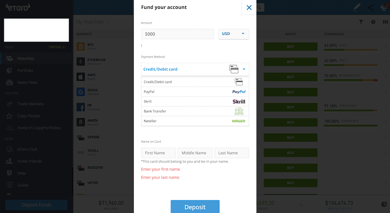 eToro deposit funds Ripple