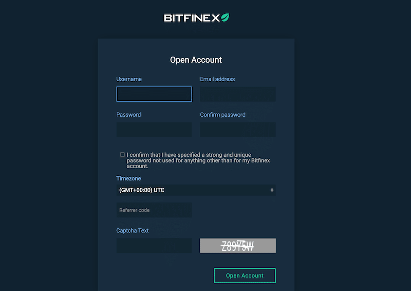 Bitfinex registration form