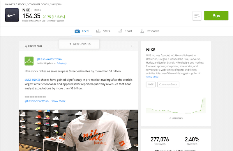 eToro Nike stock page
