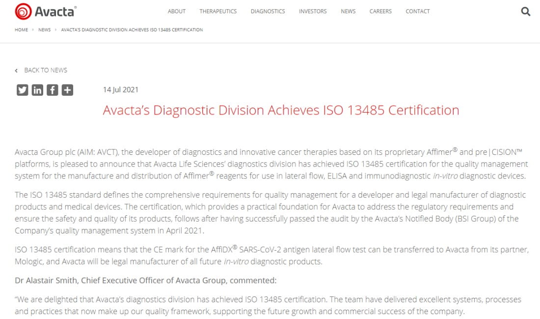 Avacta ISO certification