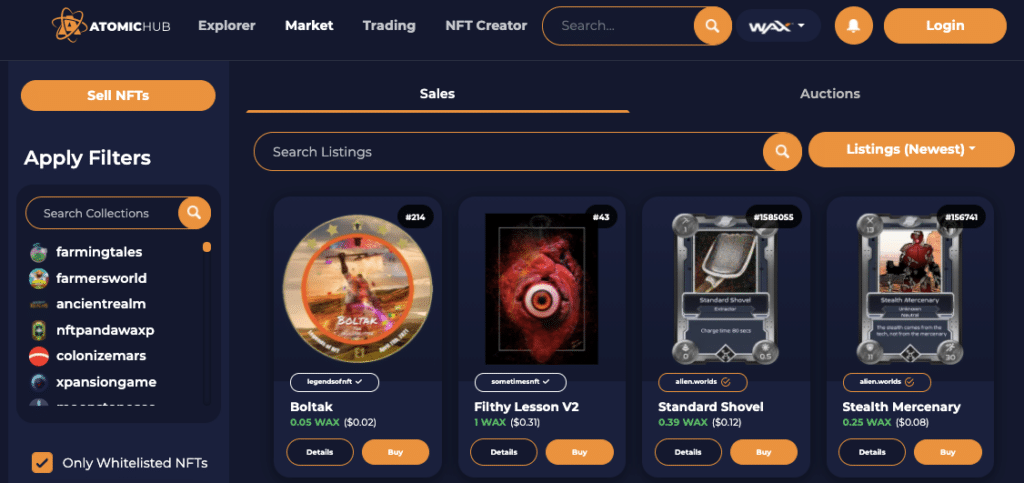 Atomic Market homepage nft app