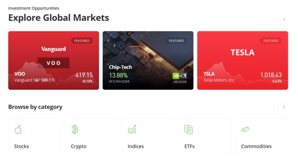 Range of assets on the eToro mobile trading app