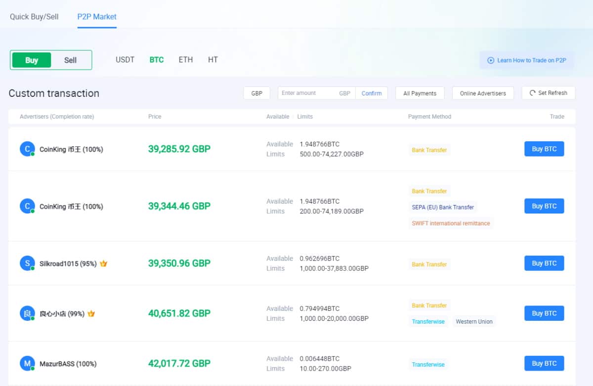 P2P market on Huobi