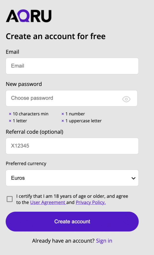 AQRU sign up